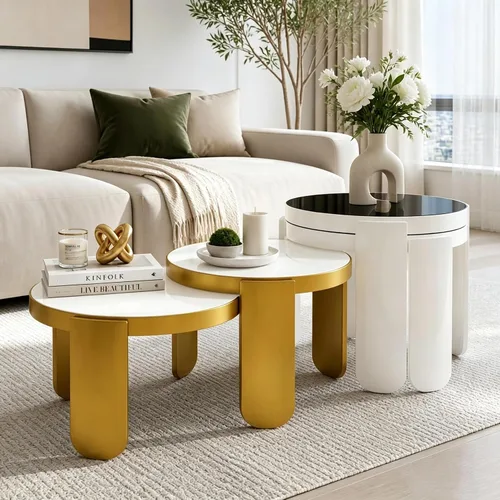 ACEDÉCOR Mesa auxiliar anidable 4 en 1, moderna mesa central redonda con parte superior de vidrio templado convertible, mesa auxiliar apilable para