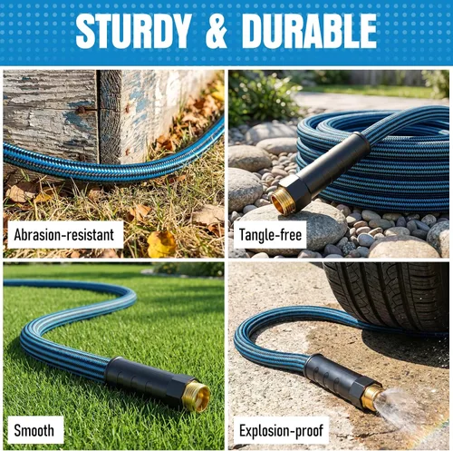 Miniatura 8 de Manguera de jardín no expandible de 25 pies, manguera de agua flexible resistente, resistente a las torceduras, manguera híbrida ligera con piel