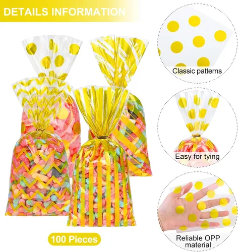 Miniatura 3 de Aodaer 100 bolsas de celofán dorado de 10.6 x 5.1 pulgadas, bolsas de plástico para dulces, bolsas de celofán, diseño de rayas de lunares, bolsa