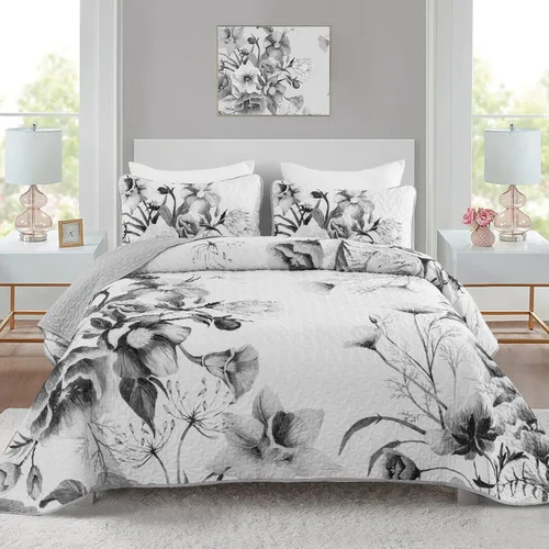 Miniatura 16 de Juego de colcha floral tamaño Queen de 3 piezas, juego de colcha con estampado floral rojo suave de microfibra ligera, cubrecama acolchado negro