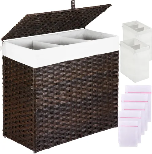 Miniatura 17 de Greenstell Cesta de ropa sucia con tapa, cesta grande de ropa de 125L con 3 secciones y bolsas de forro extraíbles de 2 secciones y 5 bolsas de Negro