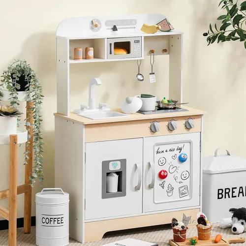 SainSmart Jr. Cocina de madera de juguete para niños - Juego de cocina de jugar premium para niños pequeños - Incluye estufa, refrigerador y