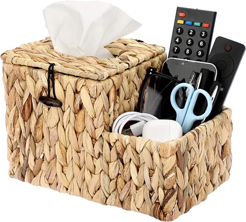 Sumnacon Cubierta de caja de pañuelos cuadrada tejida - Soporte de caja de pañuelos decorativo de mimbre con organizador lateral, soporte de Natural