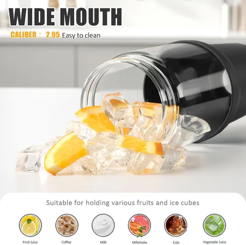 Miniatura 5 de Vaso de vidrio con asa de transporte, botella de agua de vidrio transparente con tapa a prueba de fugas, tapa de boquilla y popote, sin BPA, 32