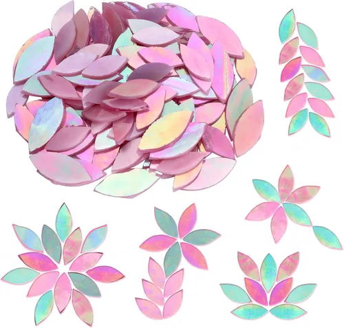 Miniatura 12 de Yoption 100 azulejos de mosaico de pétalos de vidrio iridiscente, cortados a mano, azulejos de mosaico de hojas de flores blancas para manualidades