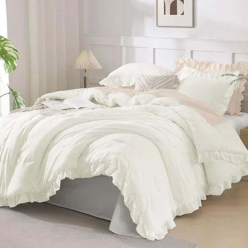 Miniatura 39 de Andency Juego de edredón beige tamaño King, 3 piezas estilo farmhouse shabby chic con volantes, ligero esponjoso suave de microfibra para todas