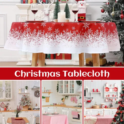 Miniatura 6 de CAROMIO Mantel redondo de Navidad de 60 pulgadas, mantel de Navidad con copos de nieve rojos, mantel decorativo de interior para exteriores