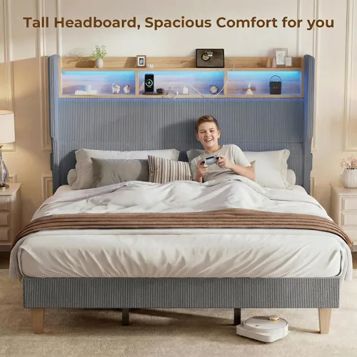 Miniatura 4 de HOMRELEXA Base de cama tamaño matrimonial para niñas con cabecera de 51 pulgadas de alto, luces LED y estación de carga, plataforma tapizada de pana