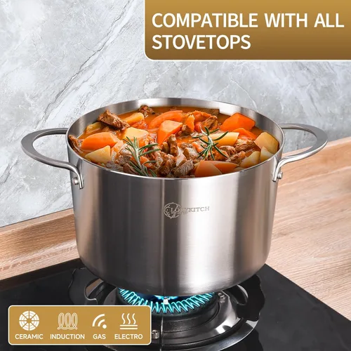 Miniatura 3 de LOLYKITCH Olla de Stock de Acero Inoxidable de Tres Capas de 3 QT con Tapa y Vaporera, Olla de Cocina por Inducción, Utensilios de Cocina al Vapor