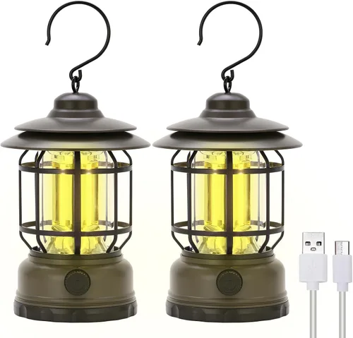 Miniatura 8 de Faroles LED para campamento, estilo vintage, color negro, paquete de 2 Recargable, portátil, atenuación continua, impermeable IP44, luz colgante