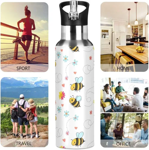 Miniatura 5 de BPA-Free Sports Water Bottle 20 Oz, Stainless Steel Vacuum Insulated Water Bottle for Gym Outdoor Travel School, Cute Cartoon Bees Floral White