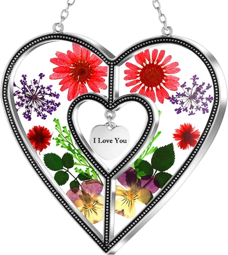 Miniatura 15 de Ky&Bosam - Atrapaluz de cristal, ventana en forma de corazón, con flor prensada, diseño de corazón/ "Mom", regalo para el Día de la Madre, Navidad