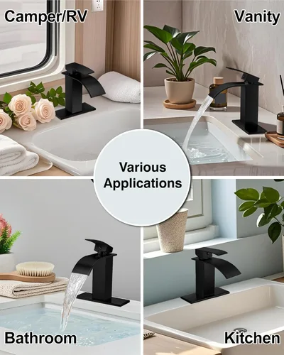 Miniatura 8 de Midanya Grifo de baño con boquilla de cascada de una sola manija, grifo de lavabo de baño de 1 agujero, moderno grifo de lavabo de lavabo de RV