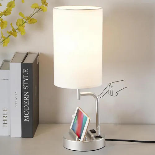 Dreamholder - Lámpara de mesa con control táctil USB, lámpara de noche mejorada de 3 vías regulables con puertos de carga USB C y A y tomacorriente