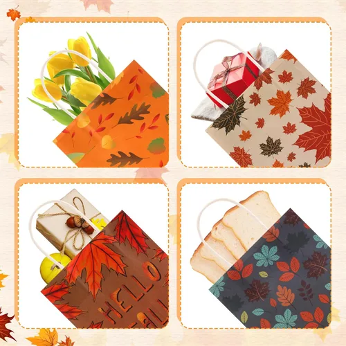 Miniatura 5 de Tenceur 24 bolsas de regalo de otoño de papel kraft a granel, bolsas de regalo naranja, elementos de hoja de arce, bolsas de dulces con asas