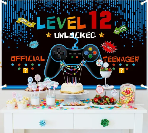 Miniatura 7 de Decoraciones de cumpleaños de videojuegos de 8, 9, 10, 11, 12, 13, 14 cumpleaños para niños, temática de videojuegos, accesorios de fotos, telón