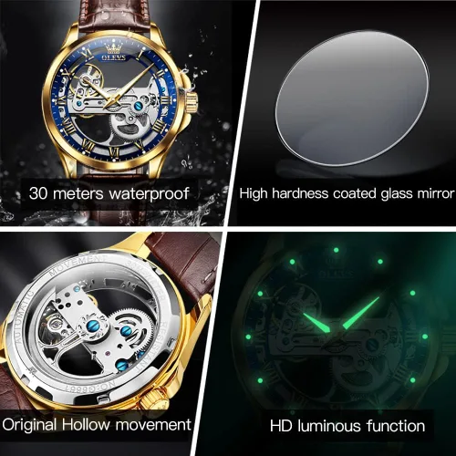 Miniatura 30 de OLEVS Relojes de esqueleto para hombre, automático, mecánico, de lujo, de cuero, impermeable, luminoso, reloj de pulsera para hombre