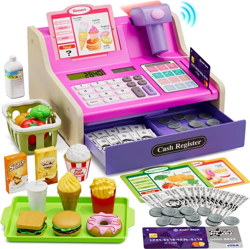 Miniatura 8 de HYES Caja registradora de madera para niños, supermercado de juego de simulación recargable y restaurante de comida rápida, caja registradora