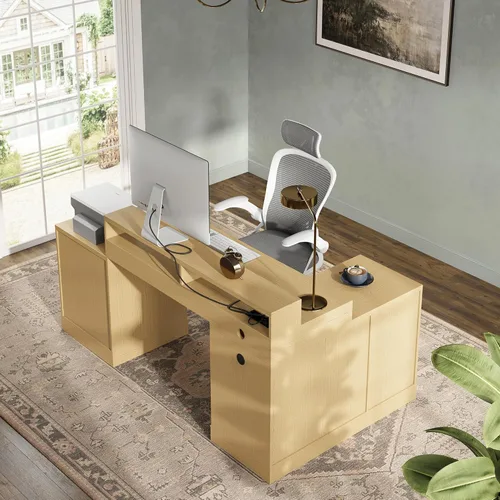 Miniatura 9 de 67" L Shaped Executive Desk with Drawers & Storage Shelf, Corner Computer Desk with Power Outlets, Home Office Desk with Monitor Stand, Printer