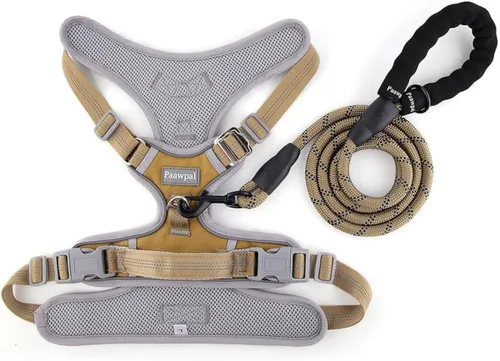 Miniatura 4 de Arnés ajustable para perro, sin tirones, reflectante, acolchado suave para perros pequeños, medianos y grandes, incluye correa y collar, beige, XS