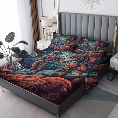 NOGAWA Juego de sábanas de astronauta tamaño individual XL, sábanas espaciales, sábanas y fundas de almohada estampadas de 3 piezas, sábana bajera