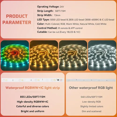 Miniatura 6 de Tira de luces LED RGBWW+IC de 50 pies para exteriores, IP67, impermeable, multicolor+3000K-6500K 24V luces LED con control remoto y aplicación