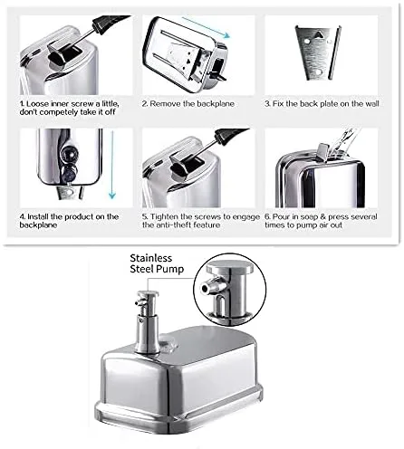 Miniatura 2 de Dispensador de jabón de acero inoxidable montado en la pared, dispensador de jabón de montaje en pared para baño y cocina, mercado, hotel