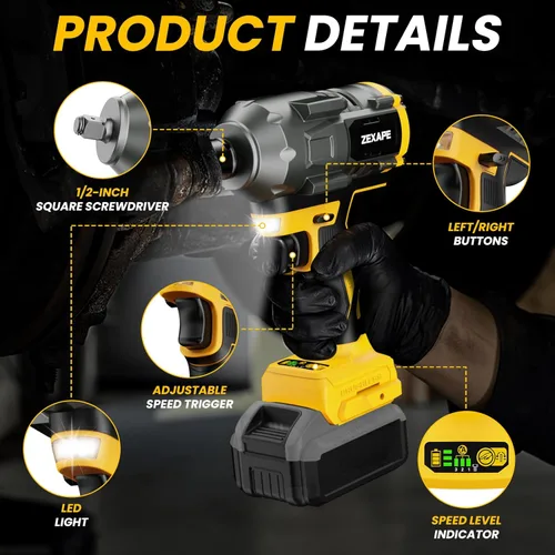 Miniatura 6 de Llave de impacto inalámbrica de 1/2 pulgada para batería Dewalt, llave de impacto de 1360 N.m (950 pies-libras) Pistola de impacto eléctrica sin