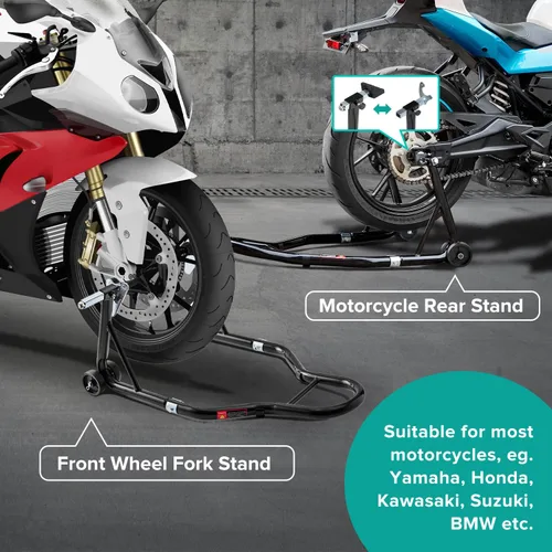 Miniatura 7 de Soporte para rueda delantera y trasera de motocicleta (850 lb), soporte de elevación de brazo oscilante, color negro, U+L