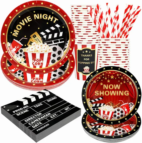 Recheel Suministros para fiesta temática de película, decoración para cumpleaños con platos y servilletas de papel con tazas y pajitas para 24 Movie