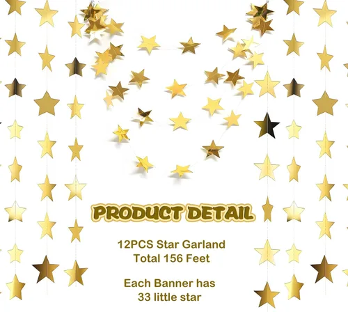 Miniatura 3 de Guirnalda de estrellas doradas con purpurina de 158 pies, 12 unidades, decoración reflectante de papel de estrella pequeña, decoración colgante
