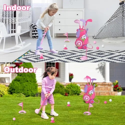 Miniatura 6 de Juego de golf para niñas y niños de 1, 2, 3, 4 años, carrito de golf mejorado para niños con 3 palos y 8 bolas, juguetes deportivos para interiores