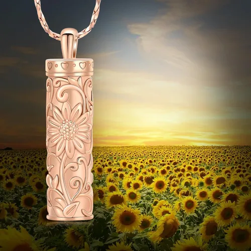 Miniatura 33 de Collar de urna de girasol para cenizas, collar de barra cilíndrica para cenizas para mujer, colgante de recuerdo para cenizas, joyería de cremación