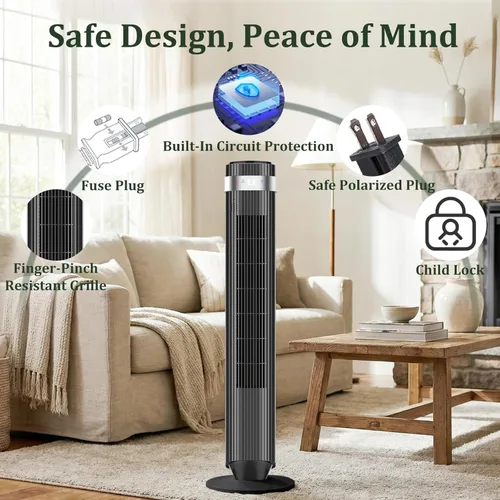 Miniatura 8 de Ventilador de torre para dormitorio, ventilador oscilante silencioso de 28 dB sin aspas con control remoto, 5 velocidades y 4 modos, temporizador