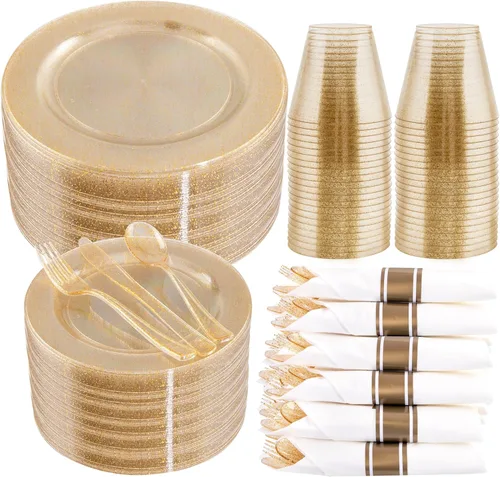 Miniatura 26 de WELLIFE 350 platos de plástico dorado transparente, 100 platos desechables, 150 cubiertos de plástico, 50 tazas, 50 servilletas para bodas y fiestas