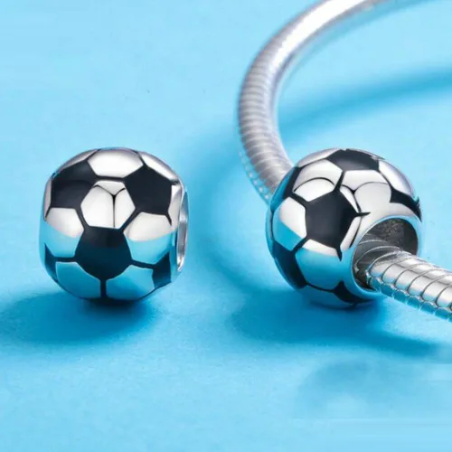 Miniatura 4 de Dijes de cuentas de fútbol con esmalte blanco y negro de plata de ley 925 para pulsera Pandora, Plata esterlina