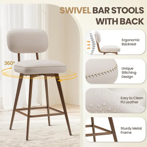 Miniatura 5 de MALOL 26“ PU Leather Swivel Bar Stools Set of 2, Mid Century Counter Height Bar Chairs with Low Back and Metal Legs, Modern Bar Stool Chair for