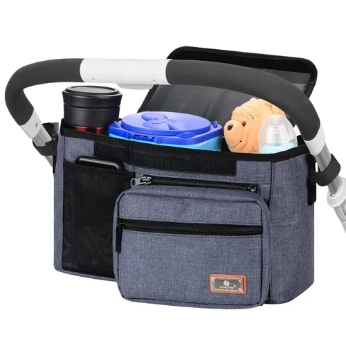 Miniatura 4 de Homlynn Organizador universal para cochecito, bolsa de almacenamiento grande con portavasos y correas de hombro y bolsillo desmontable, carrito