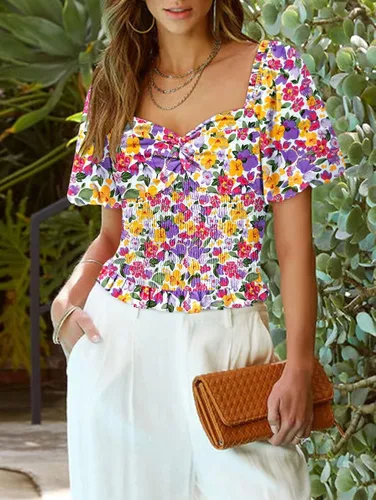 Miniatura 3 de DOROSE Blusa de manga abombada para mujer, con cuello de corazón, parte delantera fruncida
