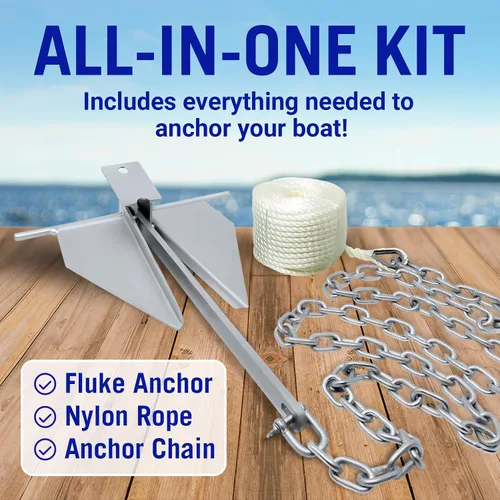 Miniatura 2 de Kit de anclaje para lancha pesada Fluke Anchor con cadena de anclaje y cuerda de anclaje para lancha para incluir anclajes de barco para barcos