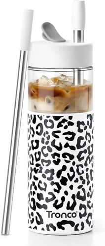 Miniatura 11 de Tronco Vaso de vidrio de 24 onzas con tapa y popote, taza de café helado, taza de batido con tapa de silicona para té Boba, hogar, oficina, viajes