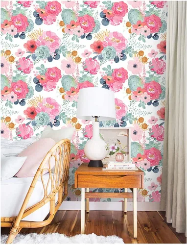 Miniatura 2 de Papel tapiz autoadhesivo para despegar y pegar, diseño de cactus floral, color rosa, azul marino, vinilo autoadhesivo para niñas, mujeres