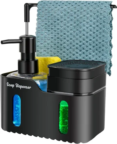 Juego de dispensador de jabón de manos y jabón para platos para cocina, dispensador de jabón doble con soporte para esponja y soporte para paños de
