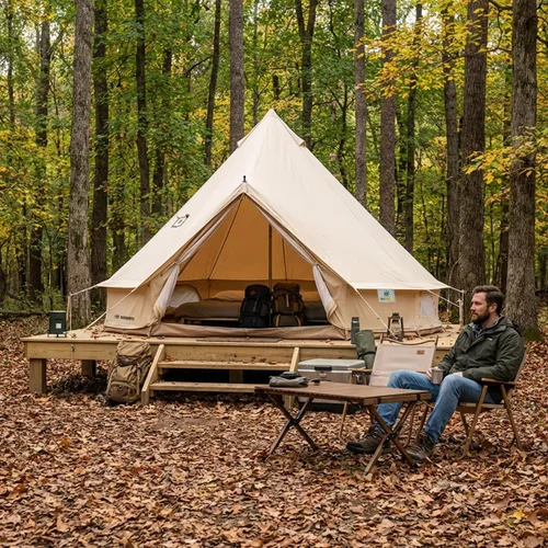 Miniatura 5 de Tienda de campaña Bell Yurt con gato de estufa, tienda de campaña de lujo impermeable para 4 estaciones, tela Oxford 420D, tiendas de campaña verde