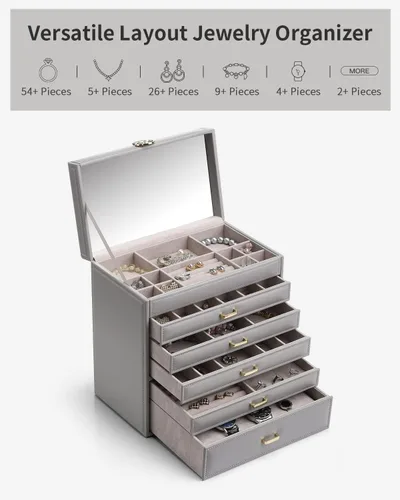 Miniatura 7 de Vlando Joyero grande de 6 niveles para mujer, organizador de joyas grande con espejo, joyero para cajón, collar, anillo, pulsera y reloj, regalo
