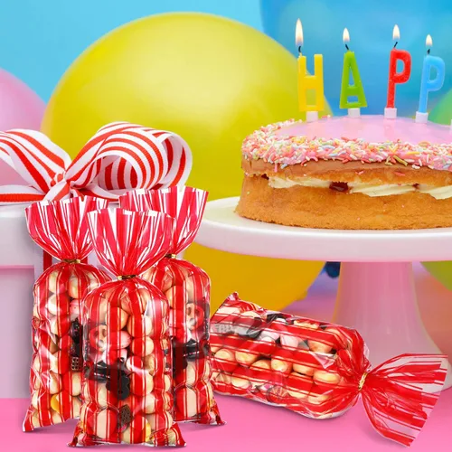Miniatura 6 de Blulu 100 bolsas de plástico para carnaval, circo, fiesta, golosinas, con estampado de rayas rojas y blancas, celofán transparente, con 100 lazos
