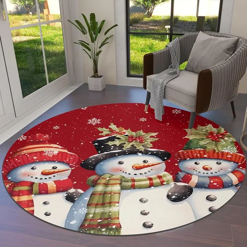 Alfombra redonda de muñeco de nieve rojo de 3 pies, lavable para interiores y exteriores, para dormitorio, cocina, baño, sala de estar, comedor,
