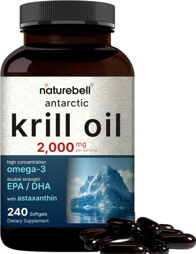 NatureBell Aceite de krill antártico 2000mg suplemento, 240 softgels, 3 veces más potente fuente natural de omega-3, EPA 240mg + DHA 160mg +