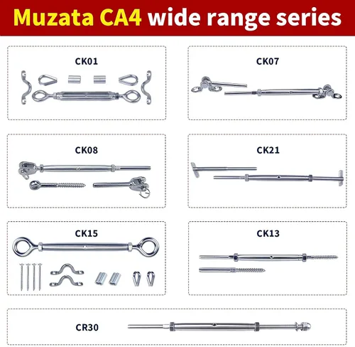 Miniatura 6 de Muzata Juego de 20 herrajes para barandillas de cable de 1/8 pulgadas, tensor resistente M5 de ojo a ojo para poste de madera T304 de acero