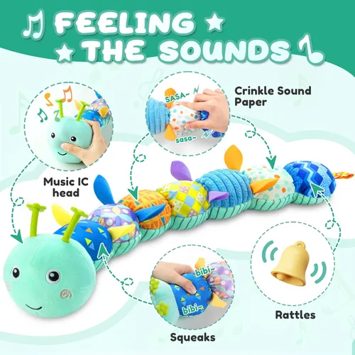 Miniatura 3 de Awotoy Juguetes para bebés de 0 a 12 meses, juguete de peluche musical con actividad sensorial suave con crujido multisensorial, sonajero y Oruga